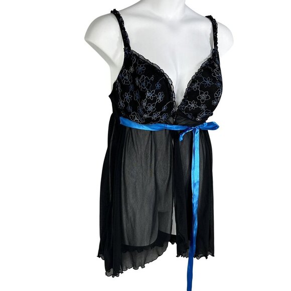 Cacique Womens 3X Babydoll Teddy Black Blue Floral Embroidered Bow Nightgown - Picture 4 of 10